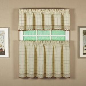 VTG 90s Ecru/Toast Windowpane Crocheted Trim Valance & 2 Half Cafe Curtain Set